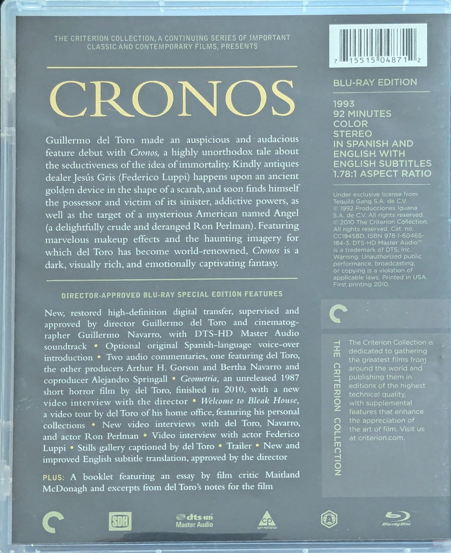 Cronos Guillermo Del Toro Fantasy Comedy Horror Movie Blu-Ray