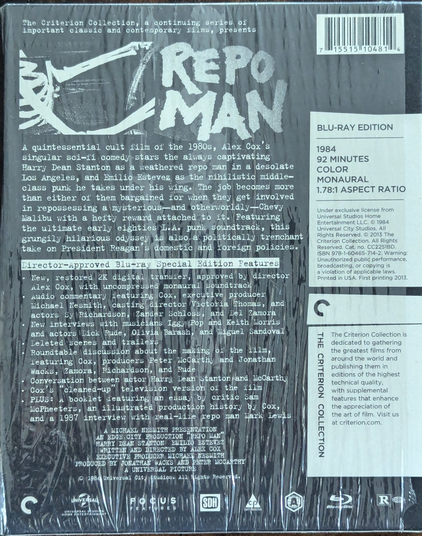 Repo Man Emilio Estevez Criterion Comedy Sci-Fi Movie Blu-Ray