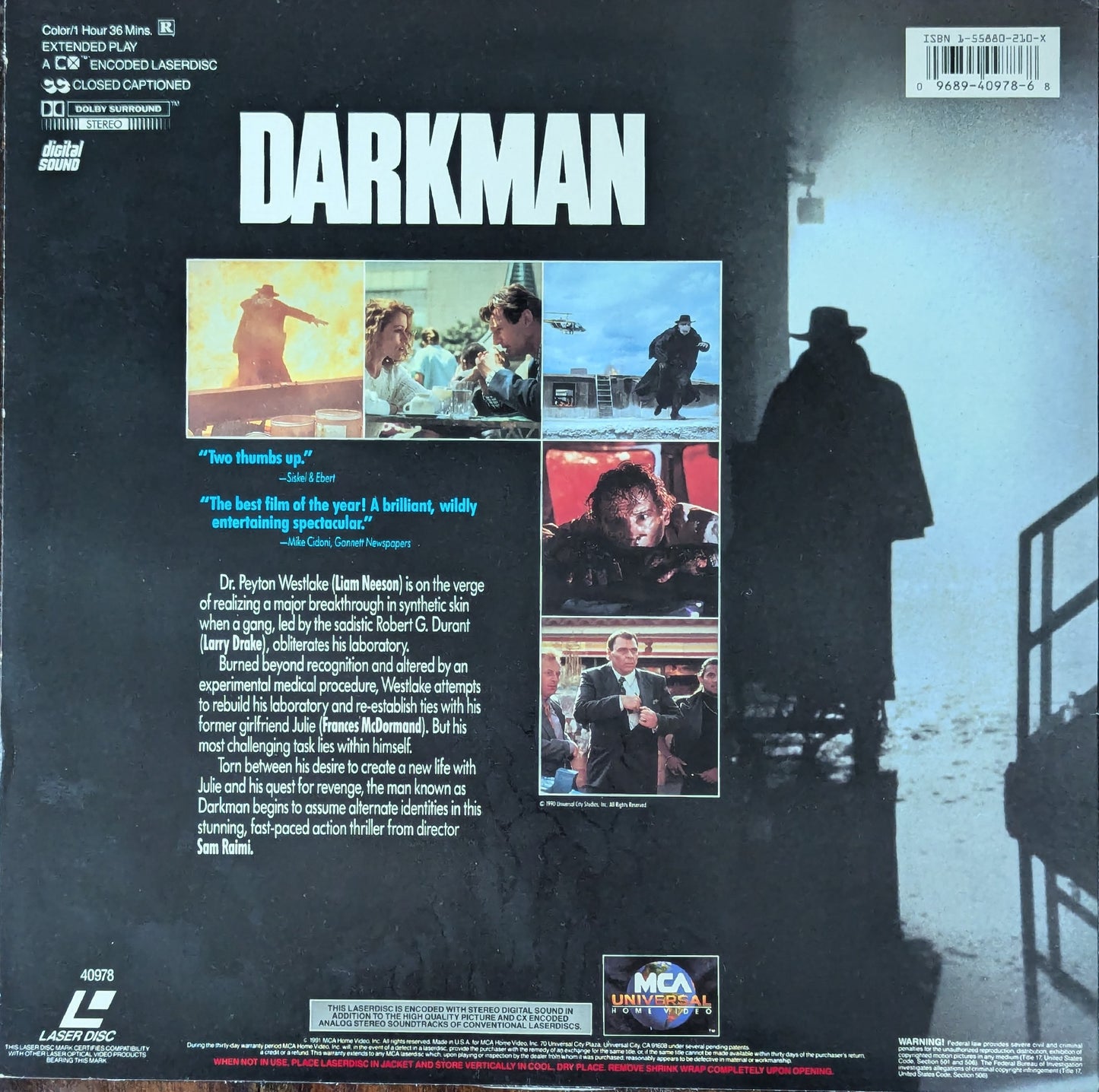 Darkman Liam Neesin Sam Raimi Crime Action Movie Laserdisc
